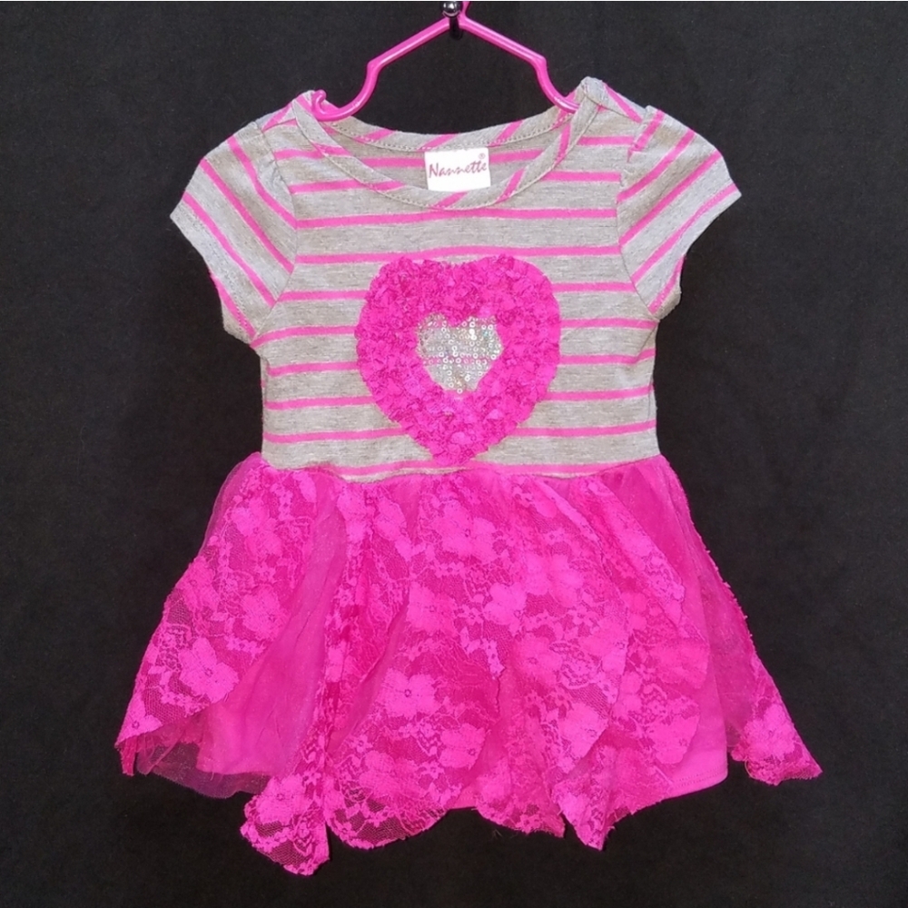 Baby Girls Fuchsia Lace and Gray Stripes Dress